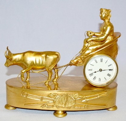 French Dore Oxen Pulling Lady in Cart Desk Clock — Antique Clocks Price Guide