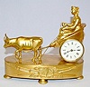 French Dore Oxen Pulling Lady in Cart Desk Clock