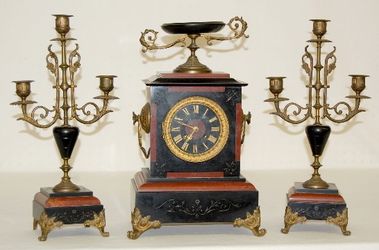 L. Marti &amp; Cie Marble and Slate 3 Pc Clock Set — Antique Clocks Price Guide