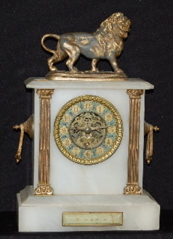 French White Onyx &amp; Metal Lion Statue Clock — Antique Clocks Price Guide
