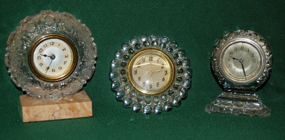 3 Pressed Glass Novelty Dresser Clocks — Antique Clocks Price Guide