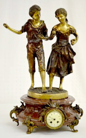 A. D. Mougin Bronze &amp; Marble Clock; Boy &amp; Girl — Antique Clocks Price Guide