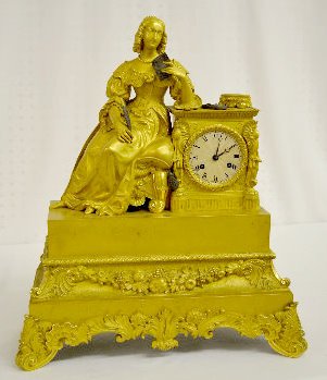 Dore Bronze Mantel Clock, Lady &amp; Feather Pen — Antique Clocks Price Guide