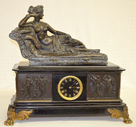 Slate and Bronze French Clock, Semi-Nude Woman — Antique Clocks Price Guide