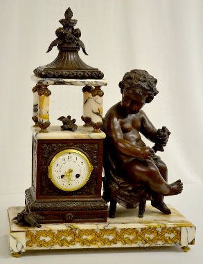 French Bronze &amp; Marble Clock, Large Cherub &amp; Birds — Antique Clocks Price Guide