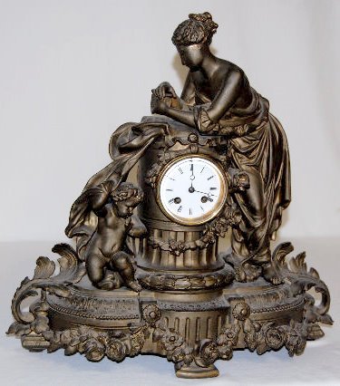 French Statue Clock, White Metal Woman &amp; Child — Antique Clocks Price Guide