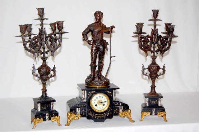S Martie &amp; Cie 3Pc. Clock Set, Man w/Scythe — Antique Clocks Price Guide