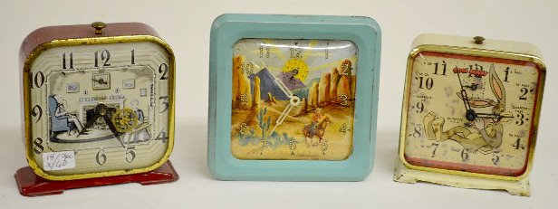 3 Animated Dial Alarm Clocks, Lux &amp; Ingraham — Antique Clocks Price Guide