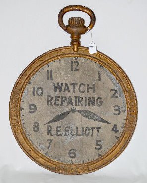 Antique C.I. &amp; Tin Advertising Watch Sign — Antique Clocks Price Guide