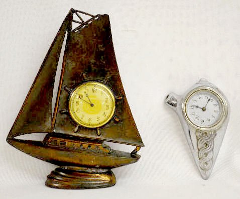 2 Lux Metal Novelty Clocks: Ship &amp; Sea Shell — Antique Clocks Price Guide