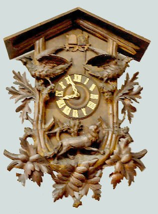 Black Forest Carved Cuckoo Clock, Fox, Deer &amp; Pheasants — Antique Clocks Price Guide