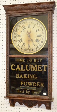Sessions Oak Adv. Calendar Clock, Calumet Powder — Antique Clocks Price Guide