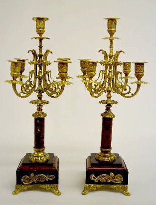 Pair of Red &amp; Black Marble Gilbert Candelabras — Antique Clocks Price Guide