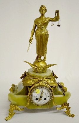 French Green Onyx Lady of Justice Statue Clock — Antique Clocks Price Guide