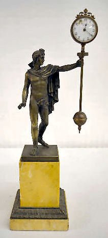 French Bronze &amp; Marble Swinging Clock, Man Statue — Antique Clocks Price Guide