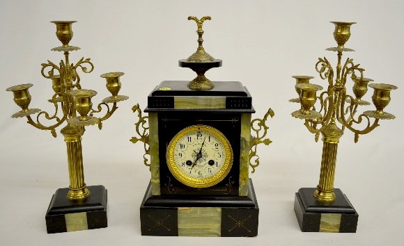 French Slate &amp; Marble 3 Piece Garniture Clock Set — Antique Clocks Price Guide
