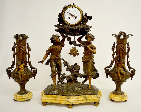 L &amp; F Moreau Marble Garniture Set, Double Statue — Antique Clocks Price Guide