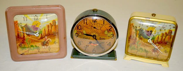 3 Antique Animated Alarm Clocks, Early Bird + — Antique Clocks Price Guide