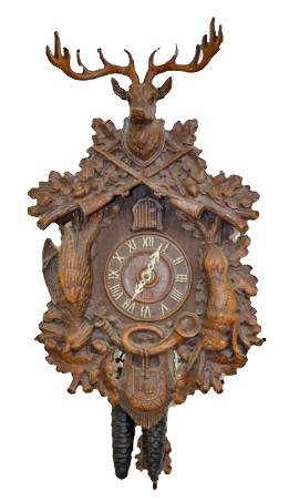 Lux Guns &amp; Game Carved Cuckoo Clock, 2 Wt. — Antique Clocks Price Guide
