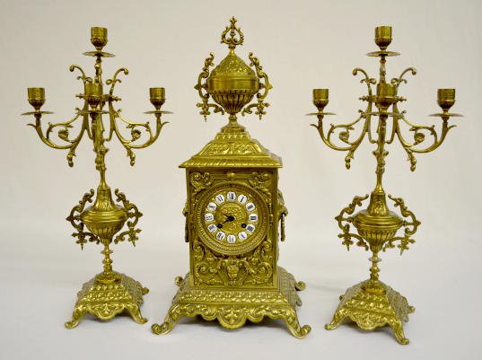 S. Marti &amp; Cie Brass 3 Pc. Clock Garniture Set — Antique Clocks Price Guide