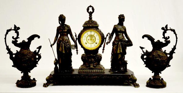 Ansonia Double Statue T&amp;S Clock &amp; 2 Urns — Antique Clocks Price Guide