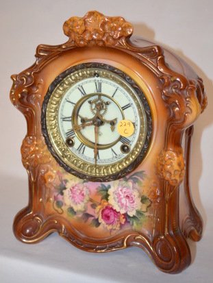Ansonia Royal Bonn Brown Floral China Clock — Antique Clocks Price Guide